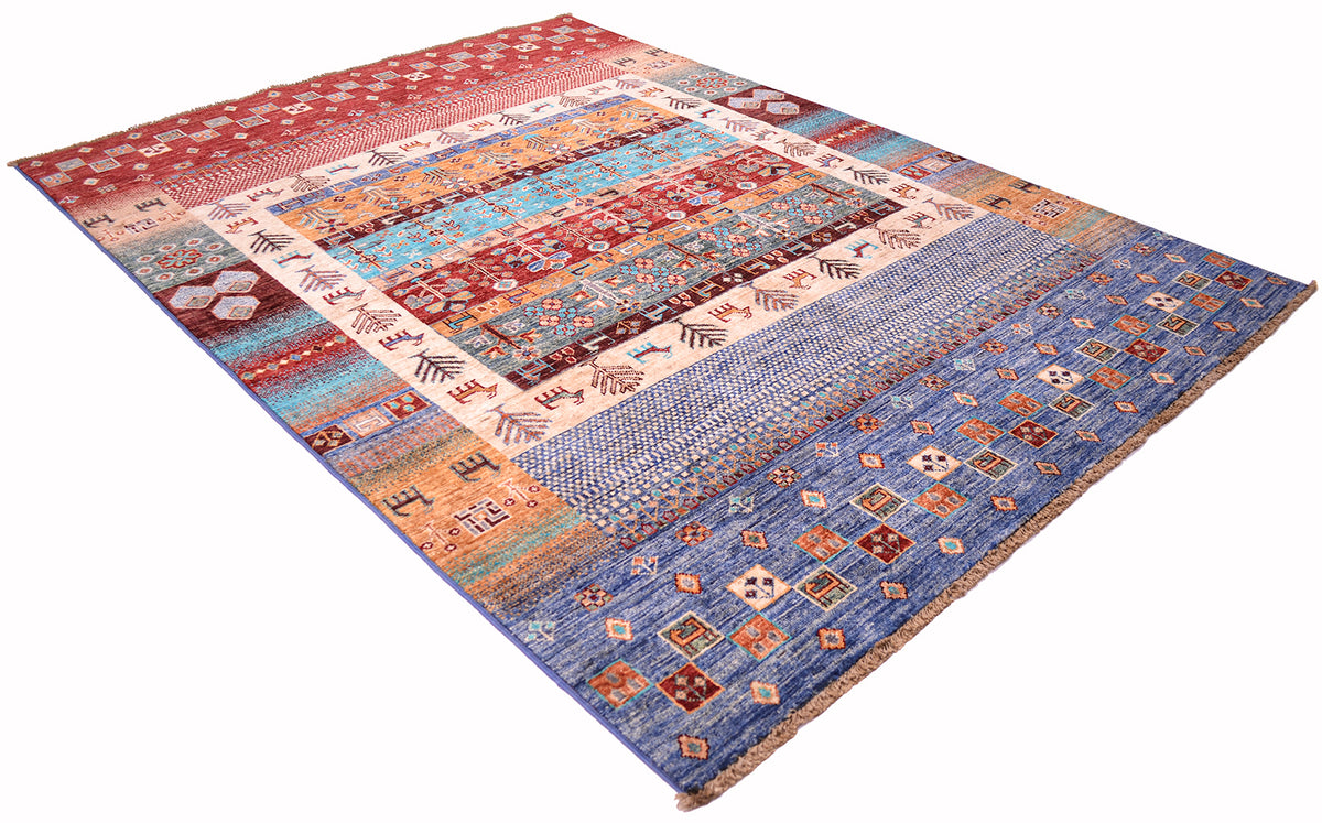 A rectangular hand-knotted woollen Loribaft Afghan area rug with a complex geometric and tribal-inspired pattern, featuring a wide red border, a central cream and red patterned field, and a blue patterned section on the lower right, shown on a plain white background.