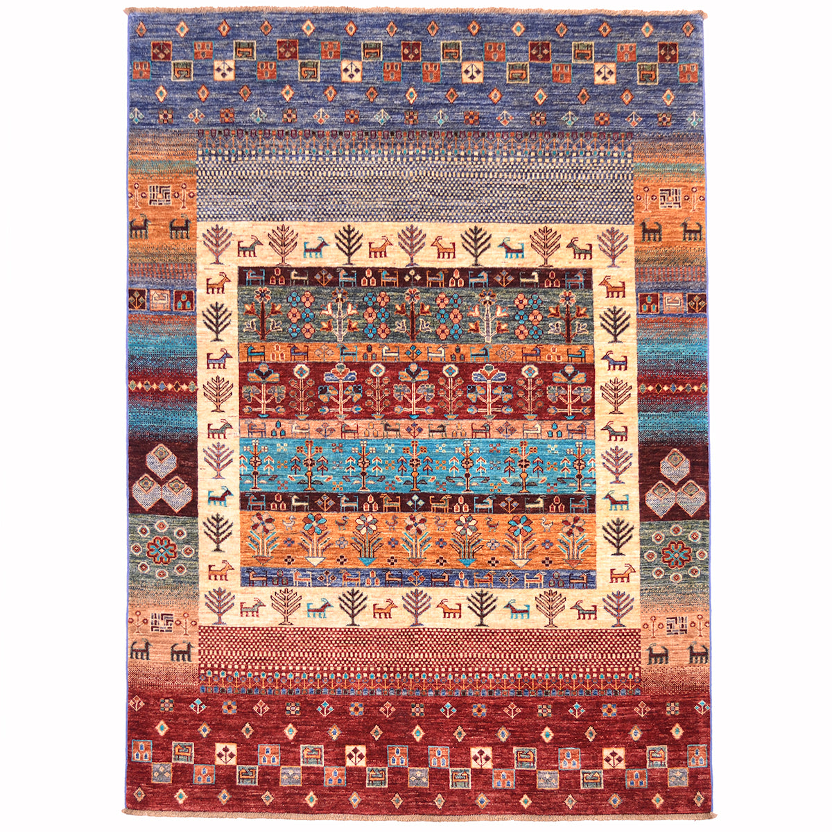 Multicolour Loribaft rug with contemporary-tribal colourful geometric design.
