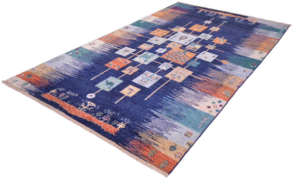 Loribaft carpet runner with diagonal geometric blocks in navy, orange, and light blue