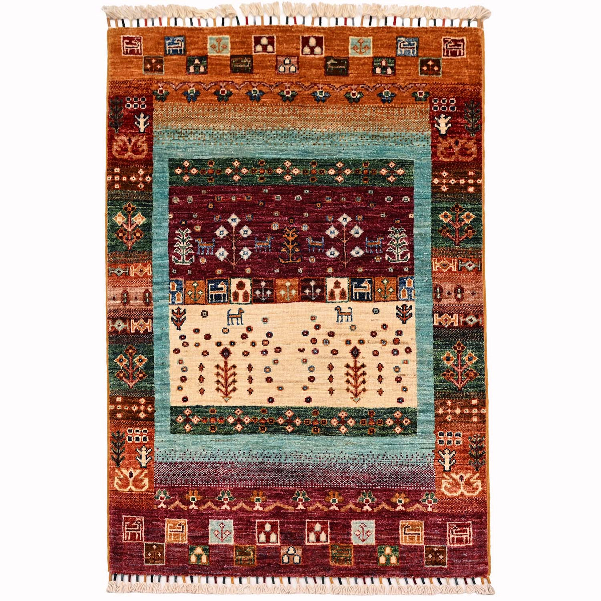 Loribaft Gabbeh rug full view with turquoise inner border, cream centre, multicolour details