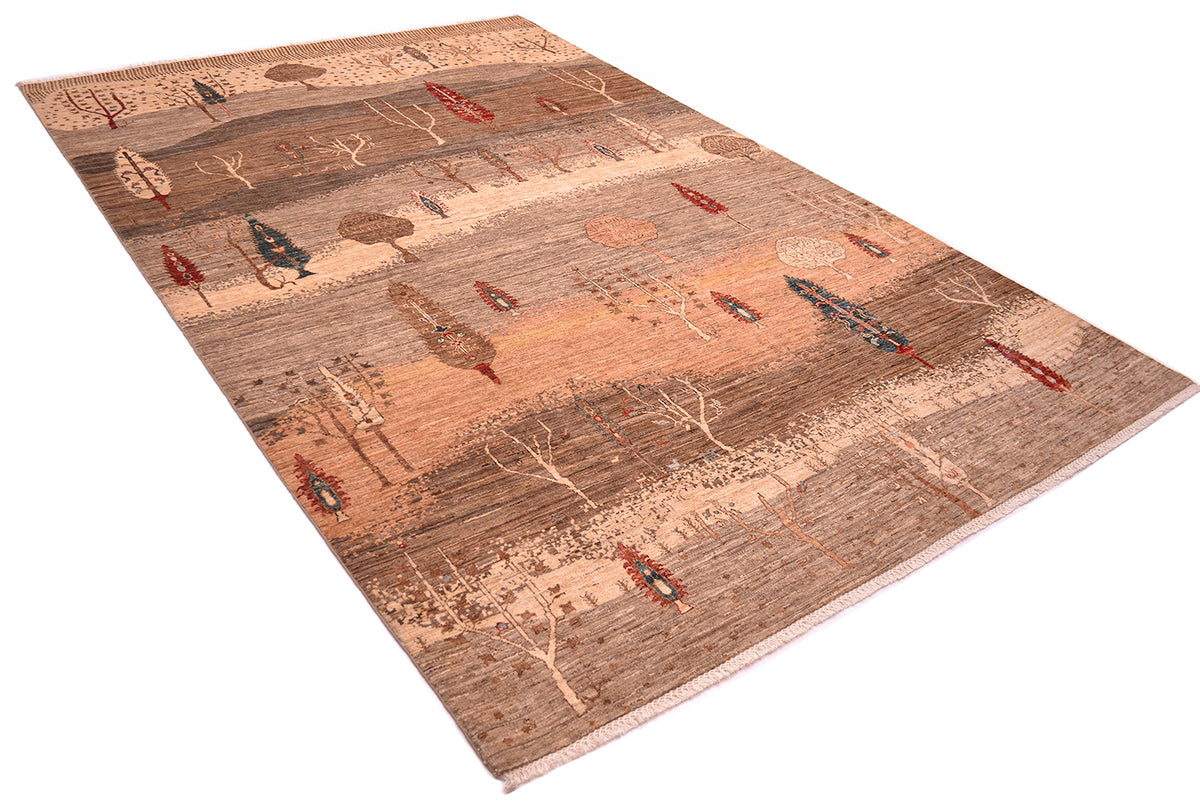A rectangular Afghan Loribaft area rug with a detailed landscape design featuring stylised trees, hills, and boats in earthy brown, beige, and red tones, shown from an elevated angle on a white background.