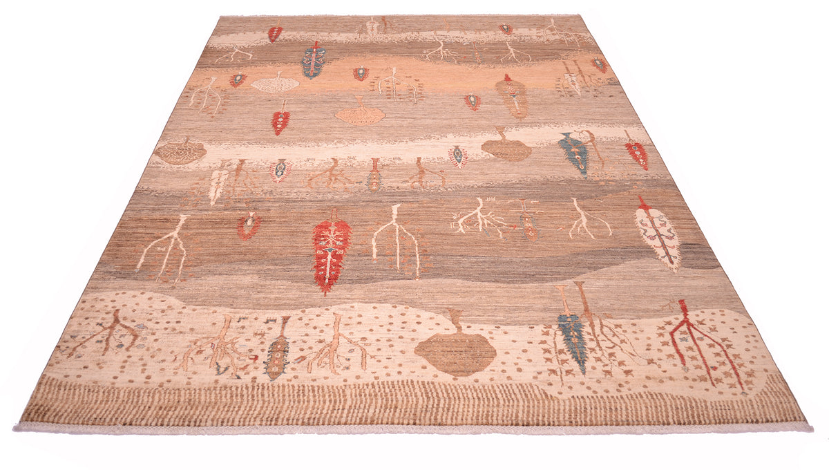 A rectangular Pictorial hand-knotted Loribaft carpet pattern of birds, leaves, and abstract shapes in muted earth tones of beige, brown, red, and blue on a white background.