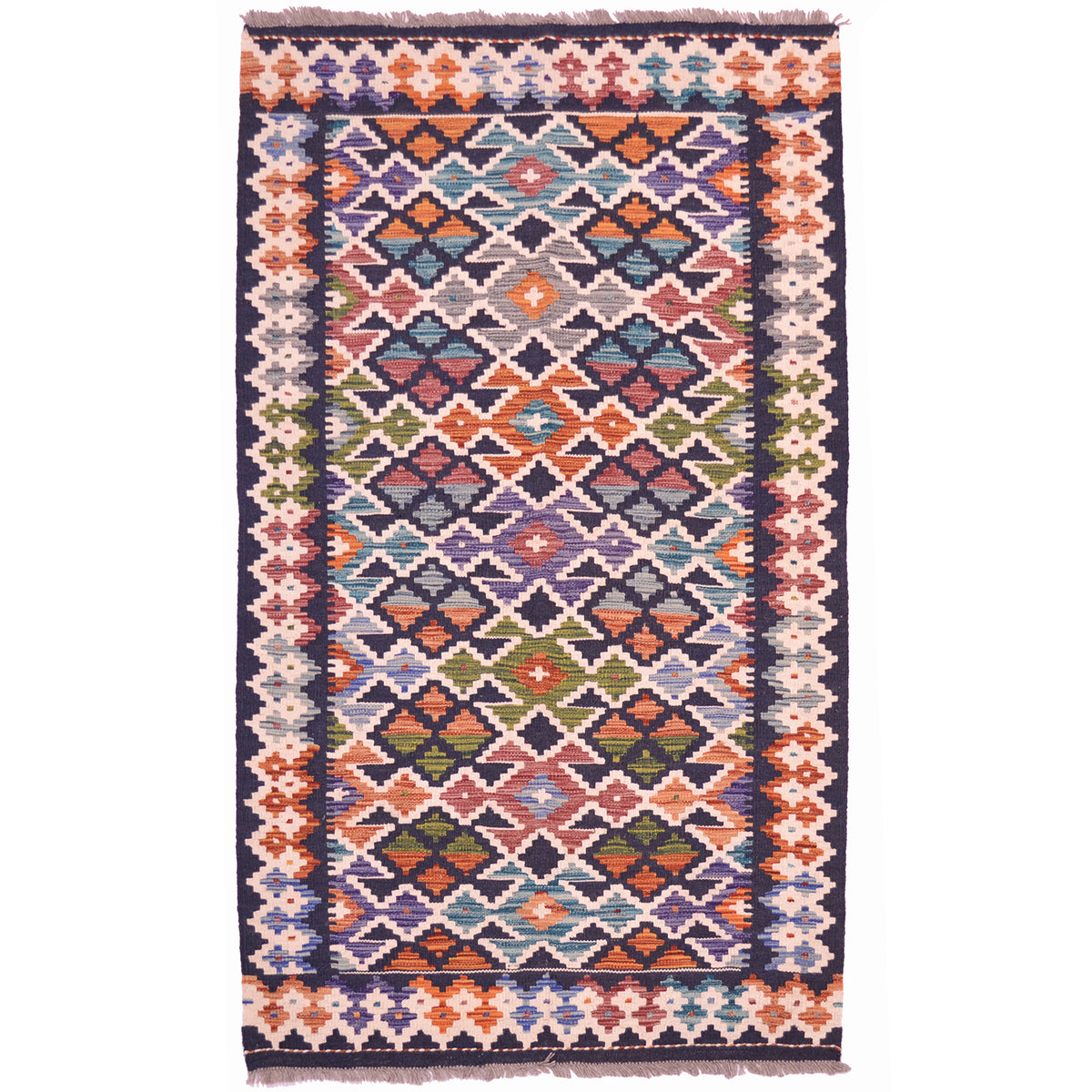 Modern Afghan Maimana Colourful Kilim handwoven rug: midnight and cream along with green, rust, purple and blue. It has an all over geometric design.