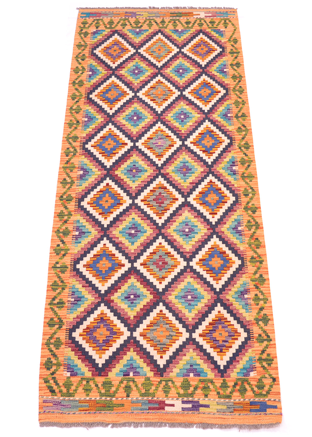 A 6ft long, Afghan Multicolour Kilim Short Runner rug with a vibrant geometric diamond pattern in orange, blue, green, purple, and cream, finished with fringed edge.