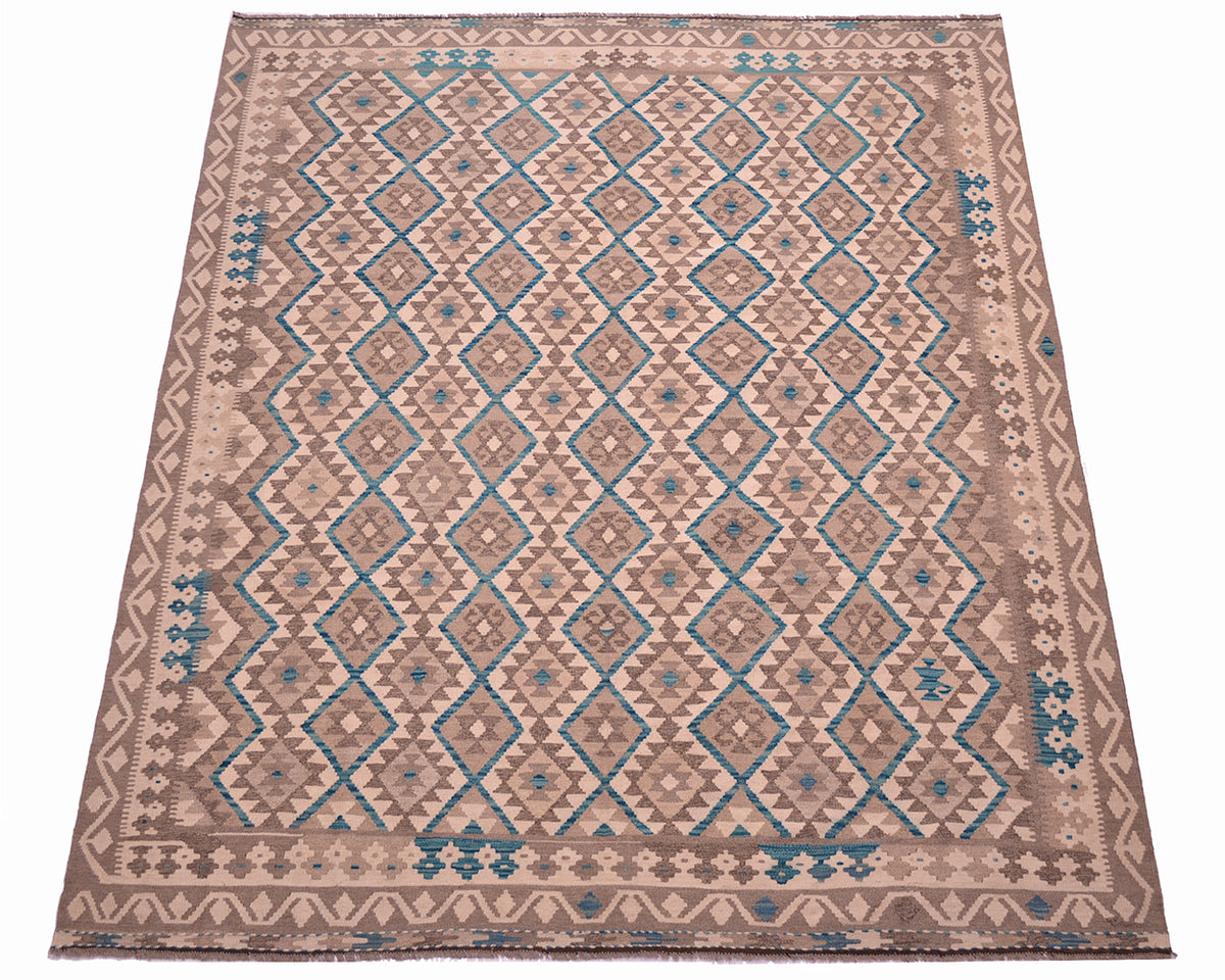 A rectangular Neutral Kilim with teal accents with a geometric diamond pattern in shades of beige, brown, and teal blue, shown flat against a white background.