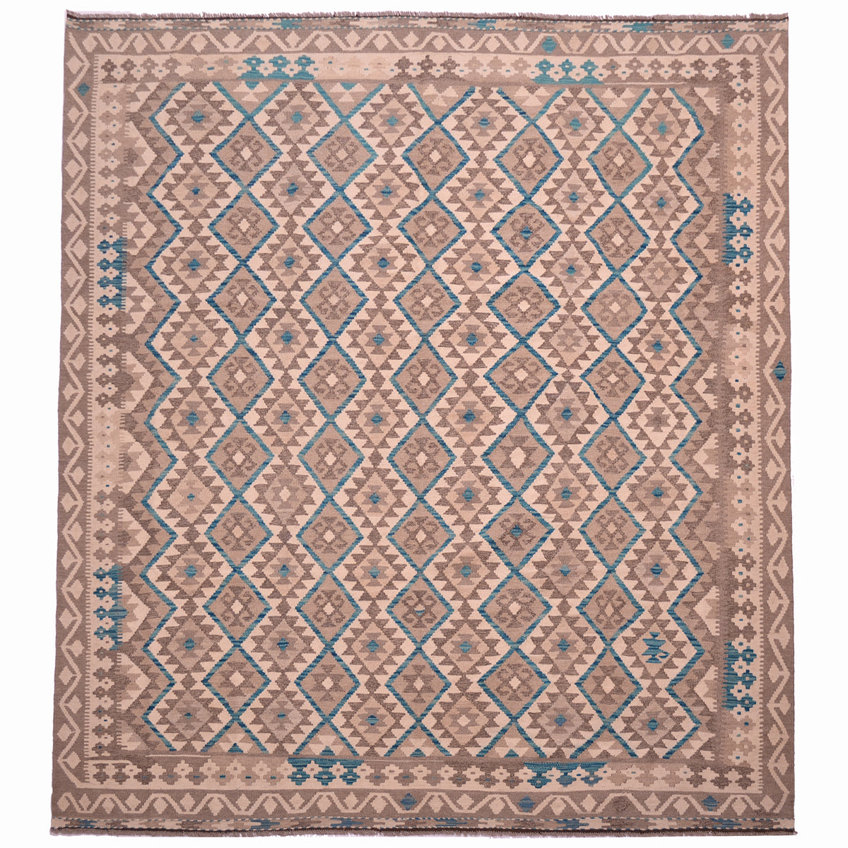 Handwoven Afghan Neutral Kilim with teal accents and geometric pattern.