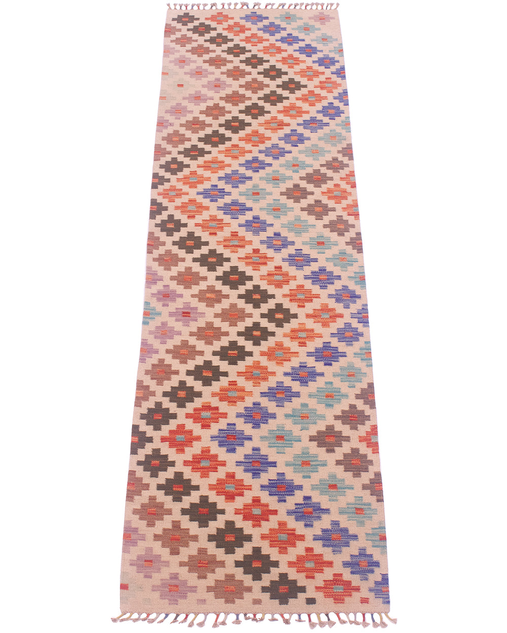 A 3m long rectangular woven Kilim hallway runner rug with a geometric diamond pattern in multiple colours, including pink, orange, blue, brown, and purple on a light beige background, finished with fringe on the top and bottom.