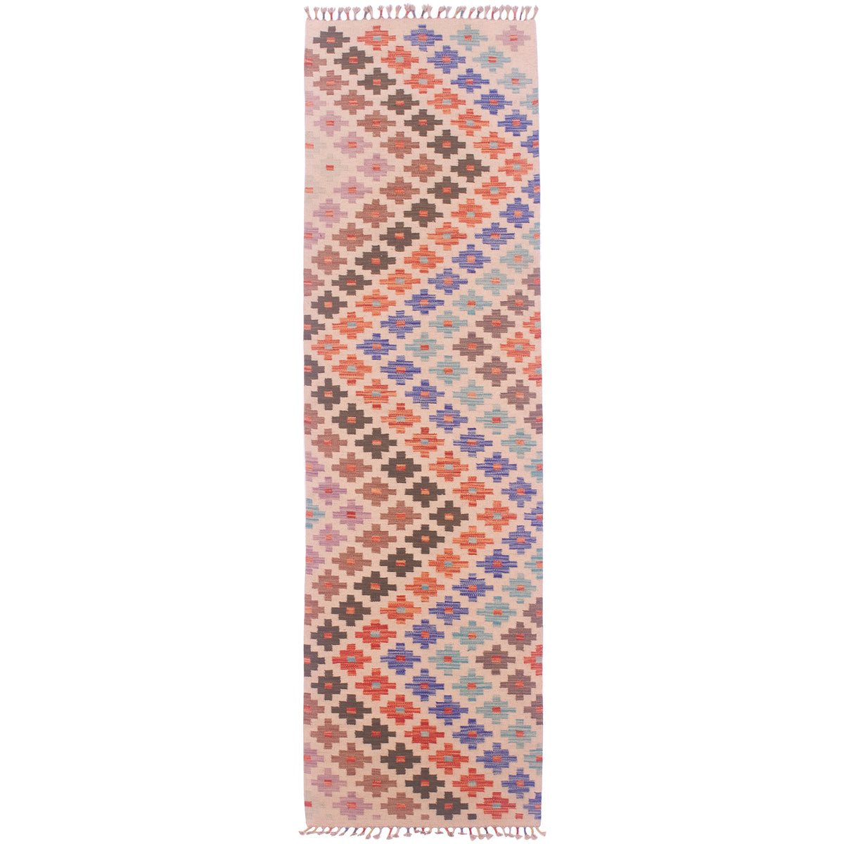 Handwoven Kilim Hallway Runner with all over design of coloured rosettes arranged in chevron formations on a beige field.