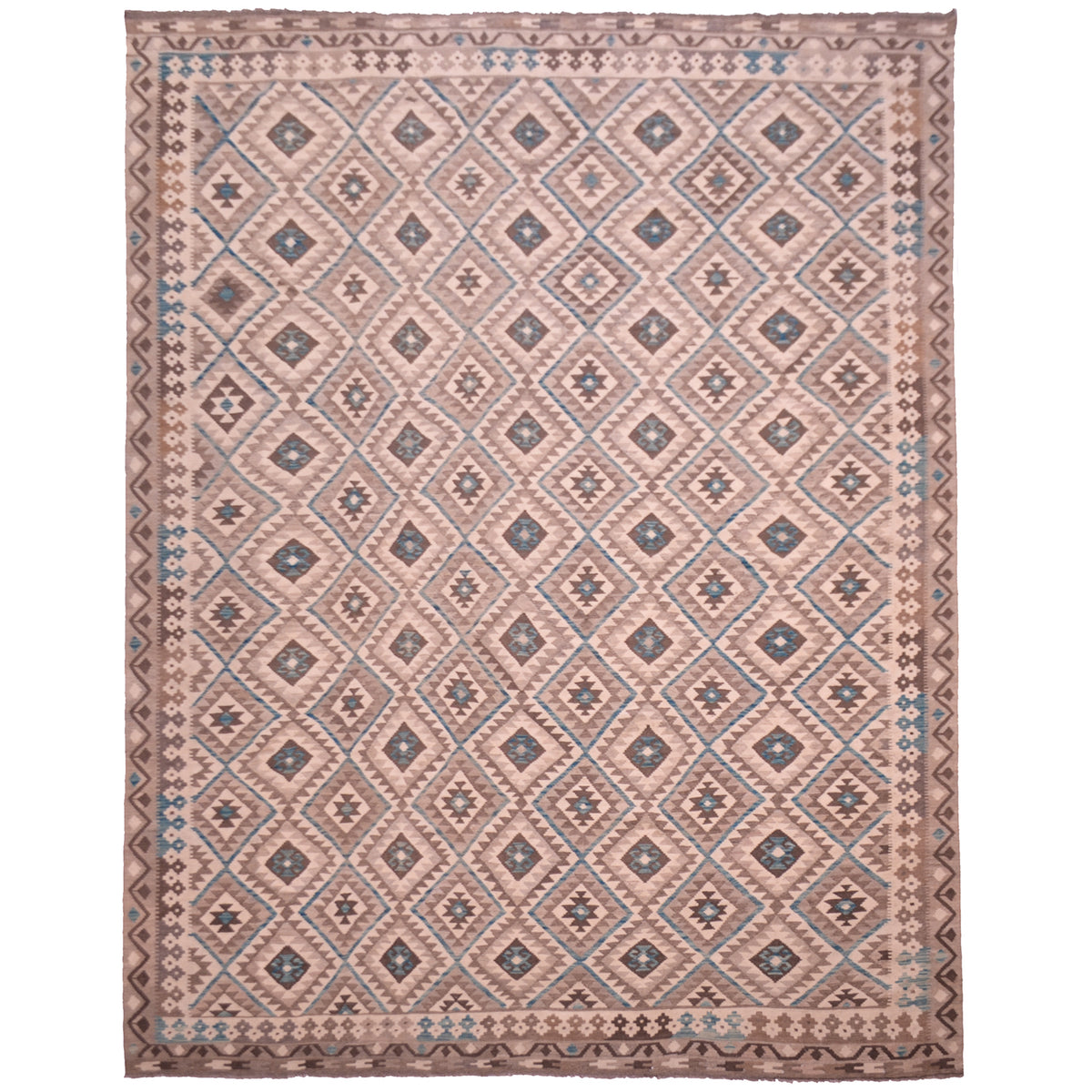Handwoven Afghan Large neutral Kilim rug with teal accents with all over geometric design in neutral shades.