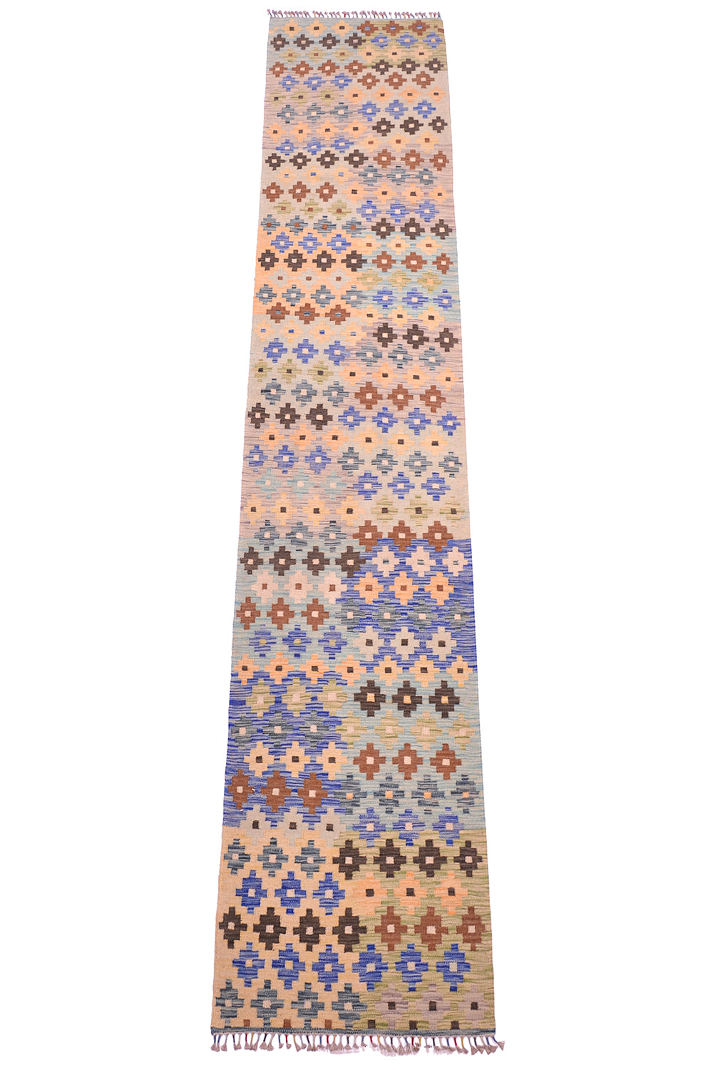 A 4m long rectangular woven Kilim Runner rug with a multicolour geometric pattern in shades of blue, brown, beige, and cream, featuring fringe on both ends, shown flat against a white background.