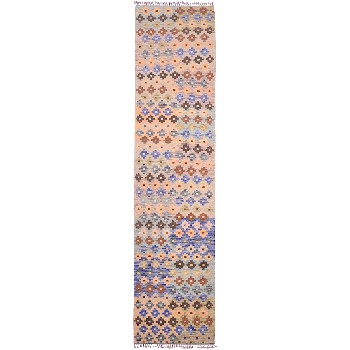 All Over Design multicolour Long Kilim Runner with soft colours of green, yellow, blue, and brown.
