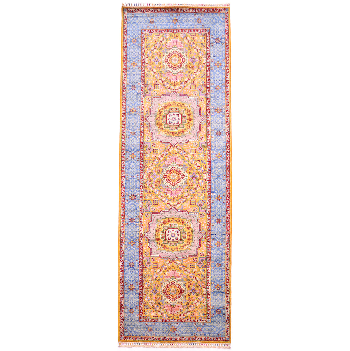 Hand-knotted wool pile Fine Afghan Mamluk runner with intricate geometric yellow field with blue border.