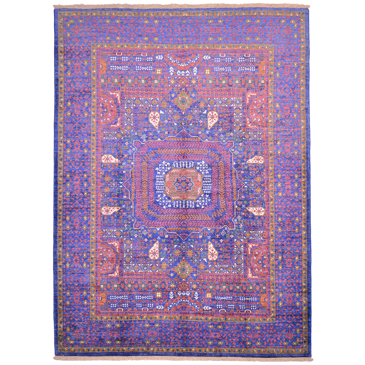 Fine quality Afghan Mamluk carpet with blue, pink and rusts.