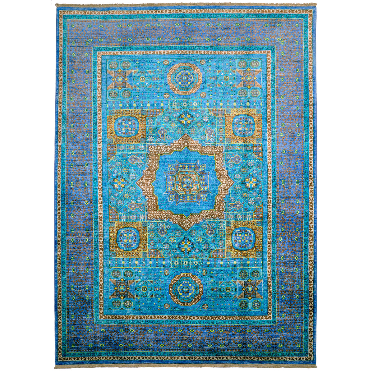 Fine quality Mamluk carpet in colours of turquoise, blue details of rust and yellow.
