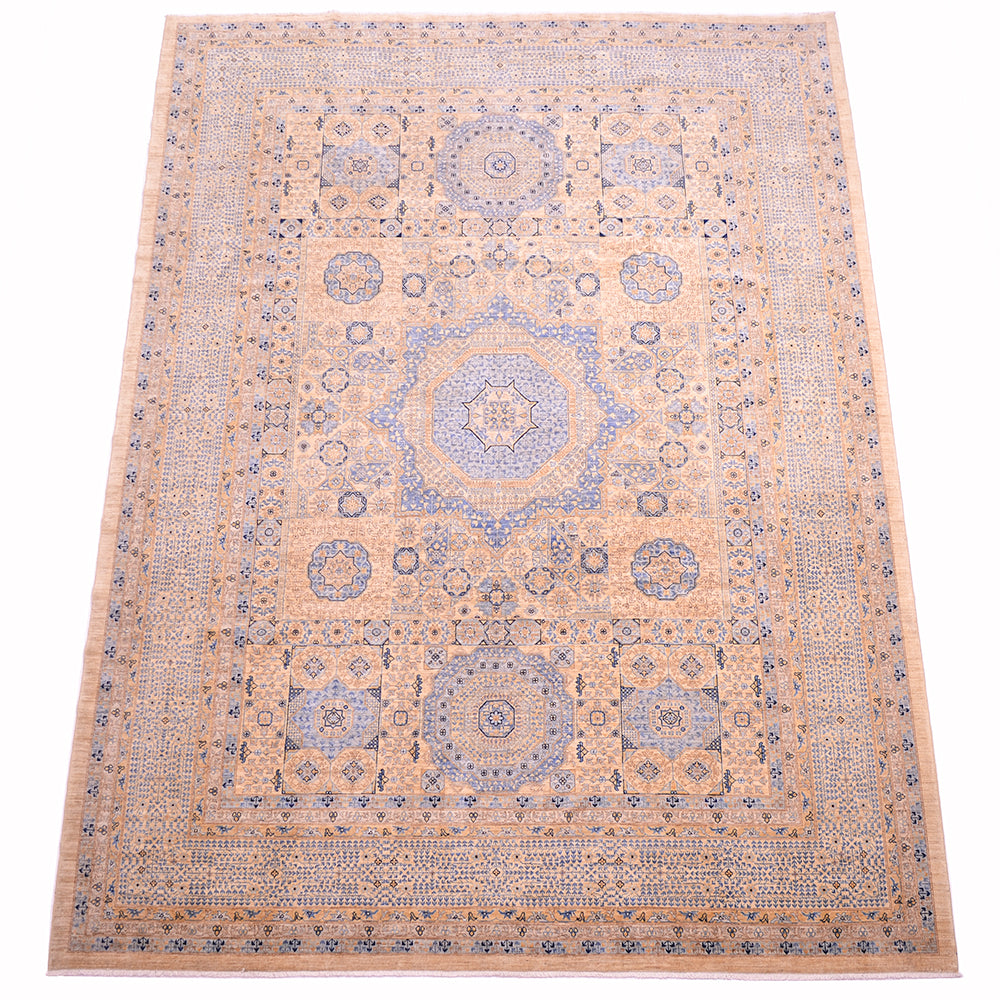 View of main field blue and cream handknotted carpet