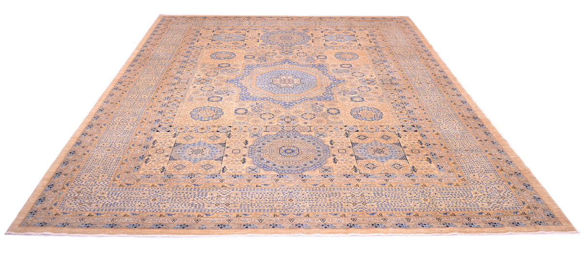 Geometric carpet in light and dark blue with cream field.