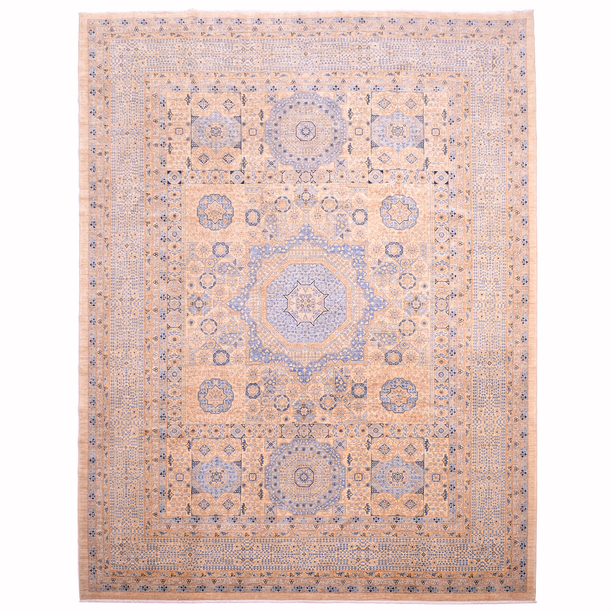 Large fine Afghan Mamluk carpet with pale colours of beige with blue (light & navy blue).