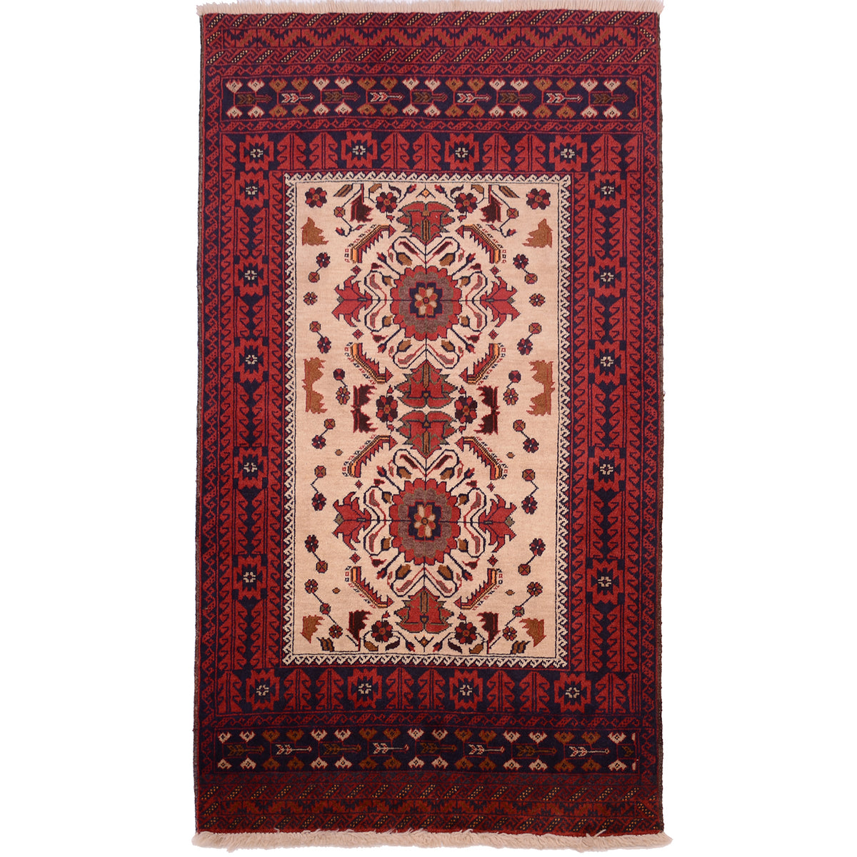 Fine Belouch rug with beige ground and 2 floral medallions.