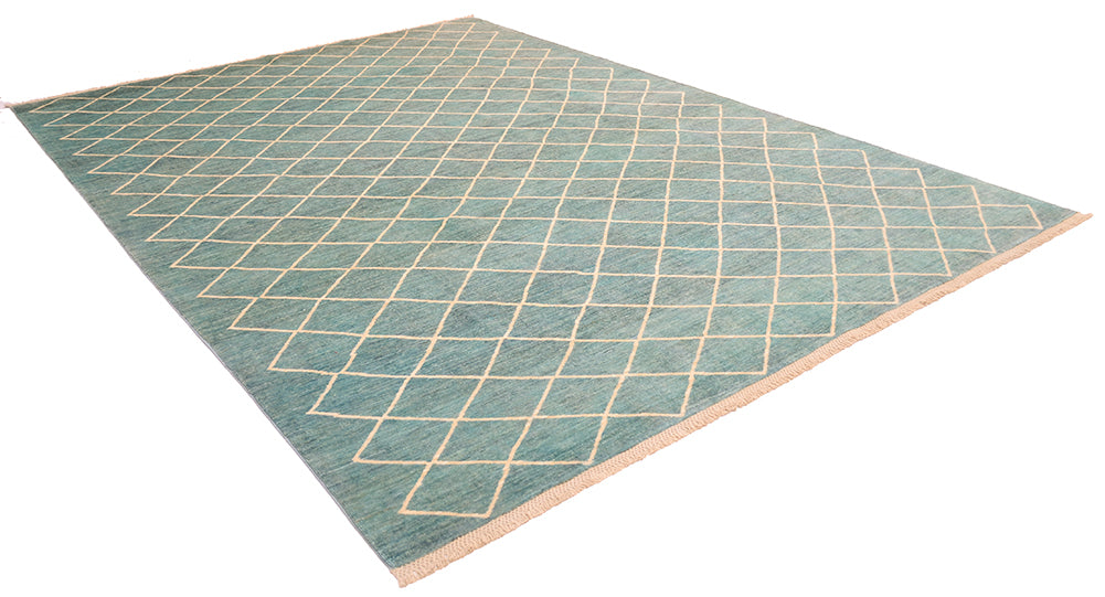 Angled view of Afghan modern carpets with lattice design with an angled viewpoint also show cotton latticed fringes warps threads. Soft turquoise blue-green main field colour.