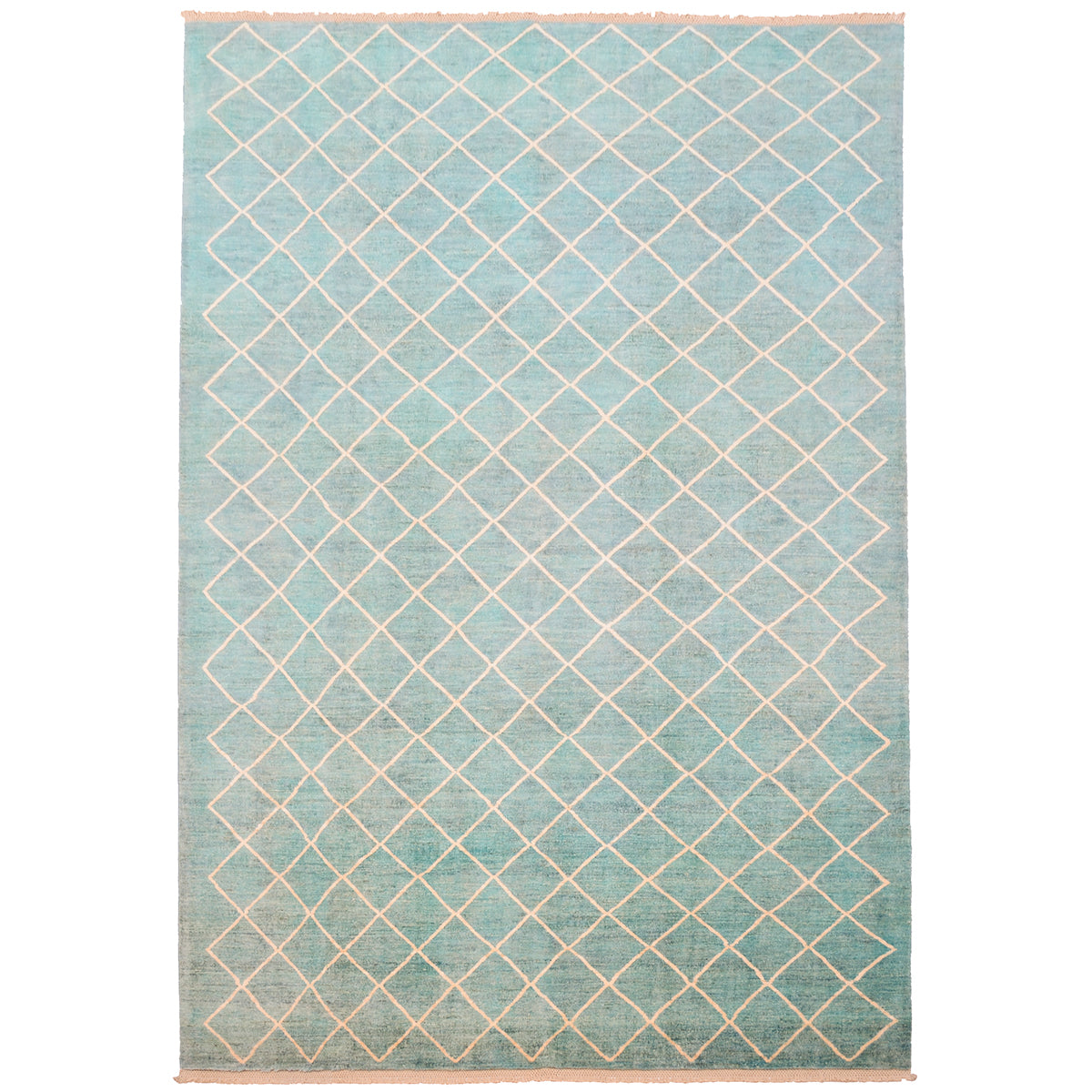 Matelasse carpet with beige lattice pattern on a turquoise ground. Handknotted geometric design with light sea greens turquoise topaz.