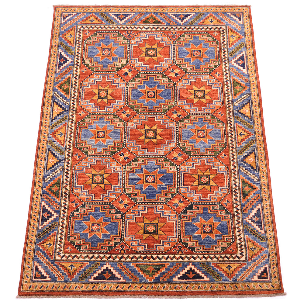 View of Afghan handknotted carpet with historical design of Anatolian guls also know as Memling Guls, with rust reds, blues, ochres, green and light cream highlighting detailing. Mid blue and dark blue detailing.