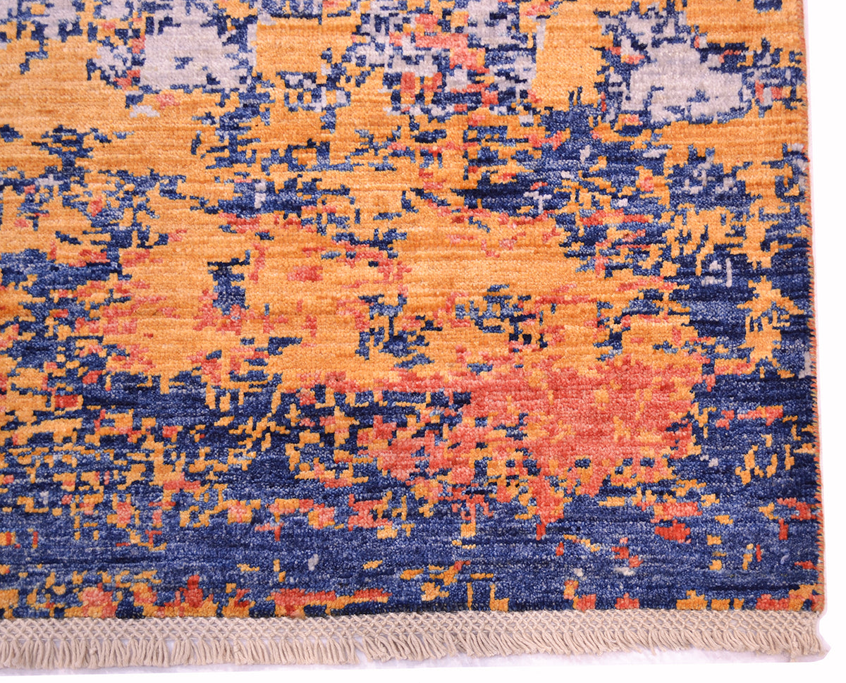 Corner of abstract afghan modern mirage rug with detailed lattice cotton warp fringe. With fragmented modern design.