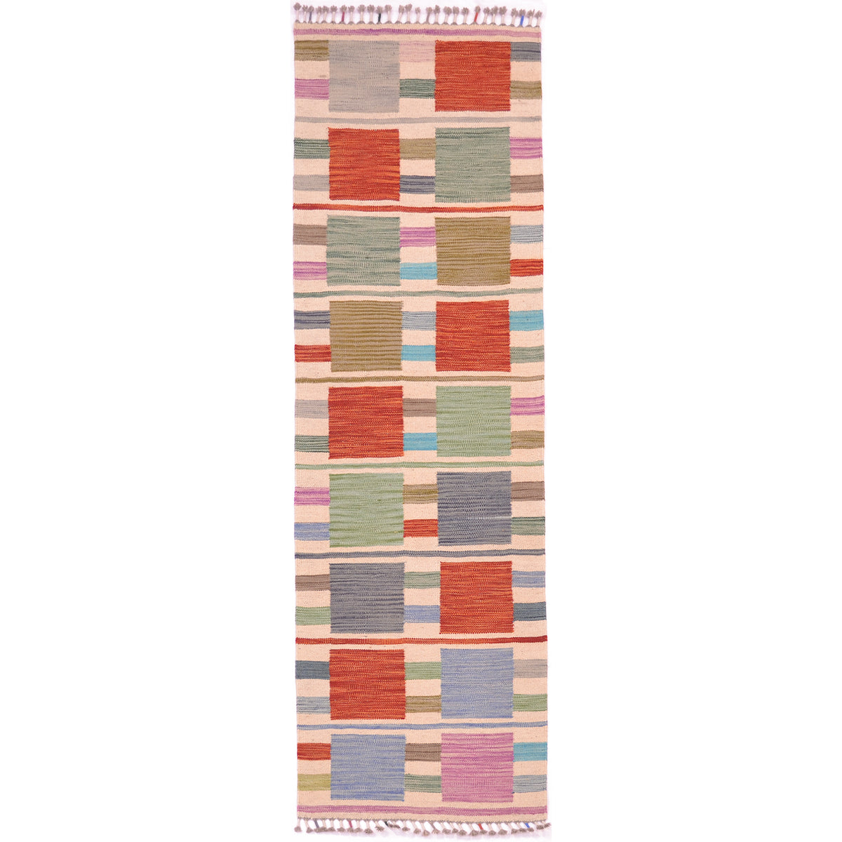 Multi-colour Handwoven Modern Kilim short runner with design of squares and stripes on a beige background.