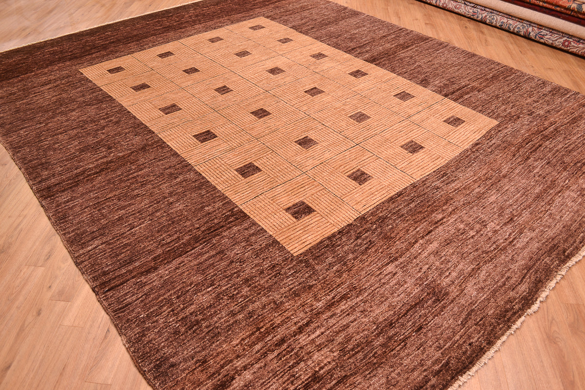 Handmade and hand-knotted Modern design Afghan Chubi Carpet with parqueted central design and wide brown plain border.
