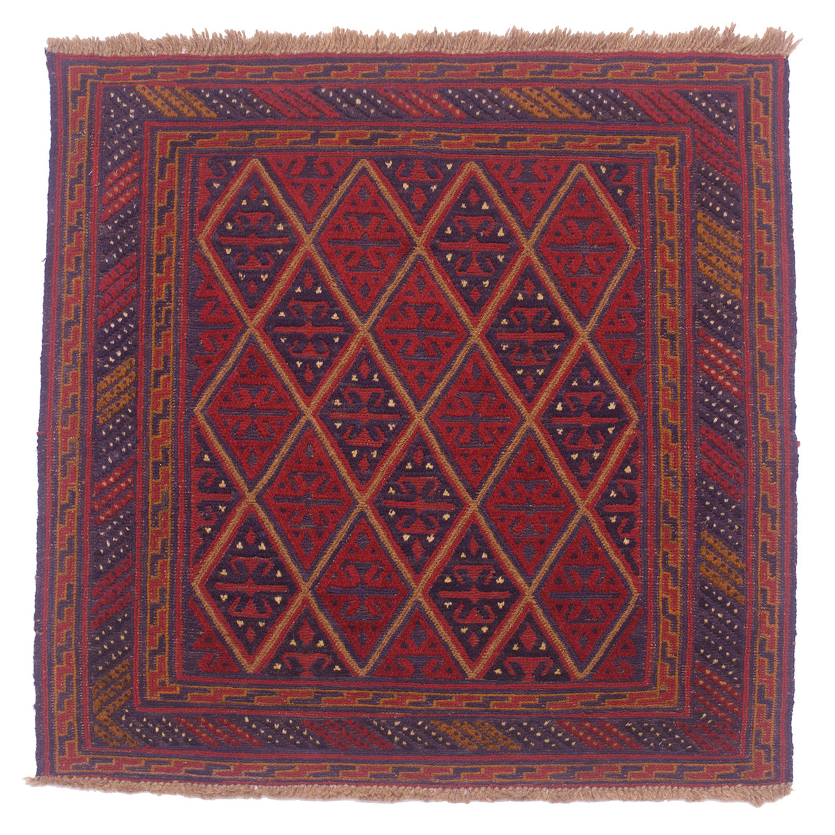 Handwoven Afghan Mushwani square rug in red and blue colours with geometric diamond design in embossed weave.