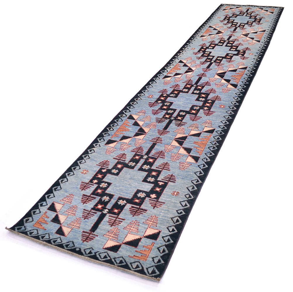 A 13ft long rectangular Afghan Blue Aryana runner rug with a geometric tribal pattern in black, terracotta orange, and light blue on a white background.