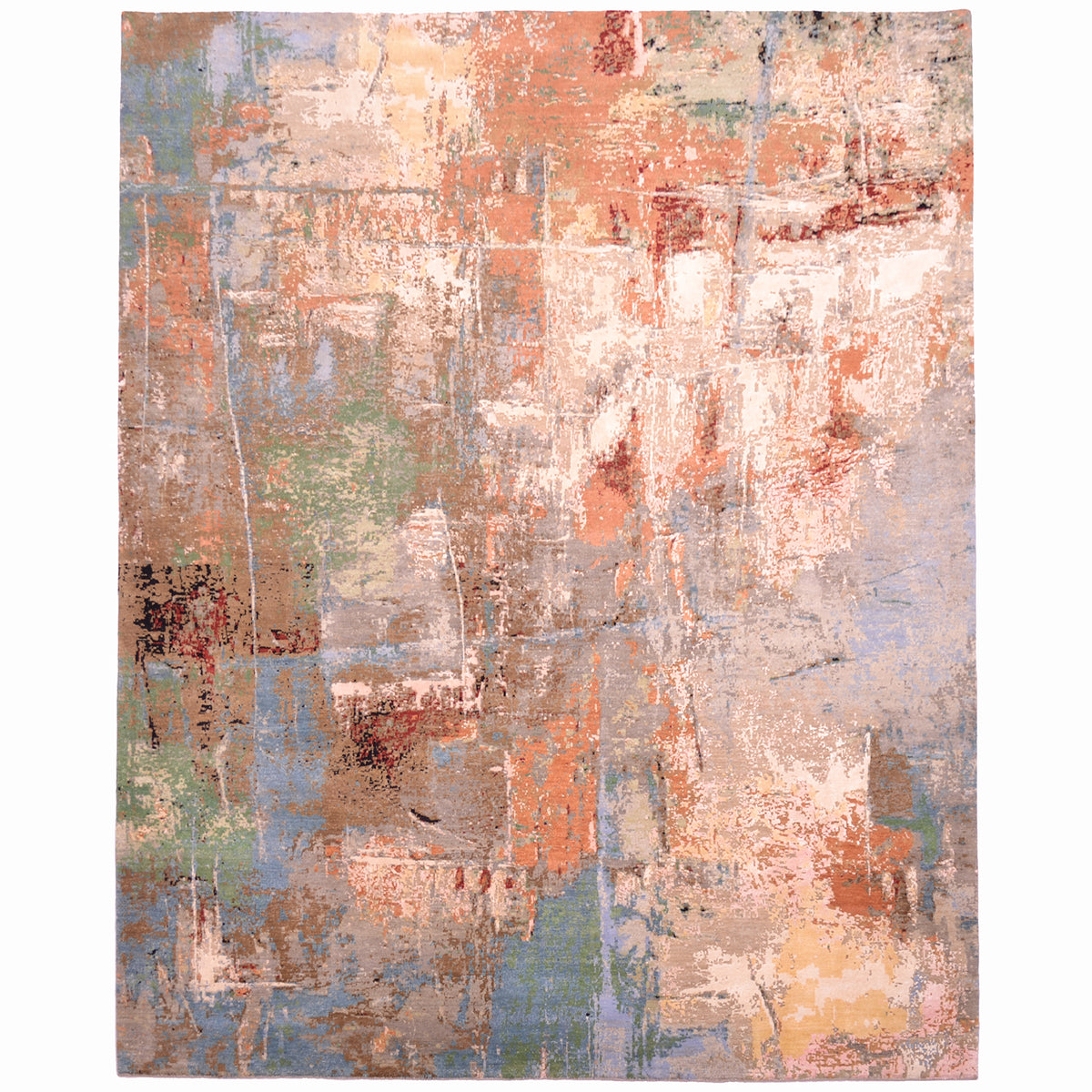 Texture Oasis carpet: a masterpiece of an abstract carpet with multi-colours. Wool and silk high-low pile. Earthy tones of bronzes, greens , greys and light blues with terracotta. Cream and light coral silk highlighted areas.