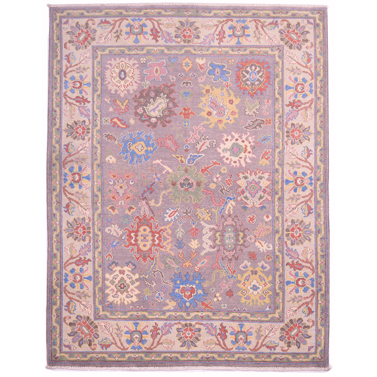 Afghan Oushak rug, grey with all over design in soft colours and cream border.