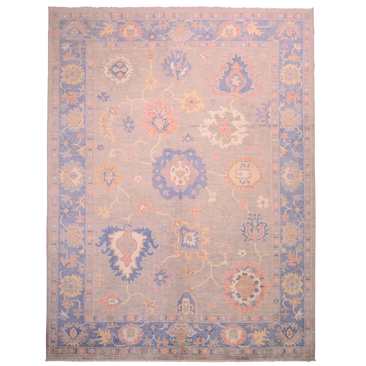Large Handknotted Afghan Oushak carpet with grey ground and blue border.