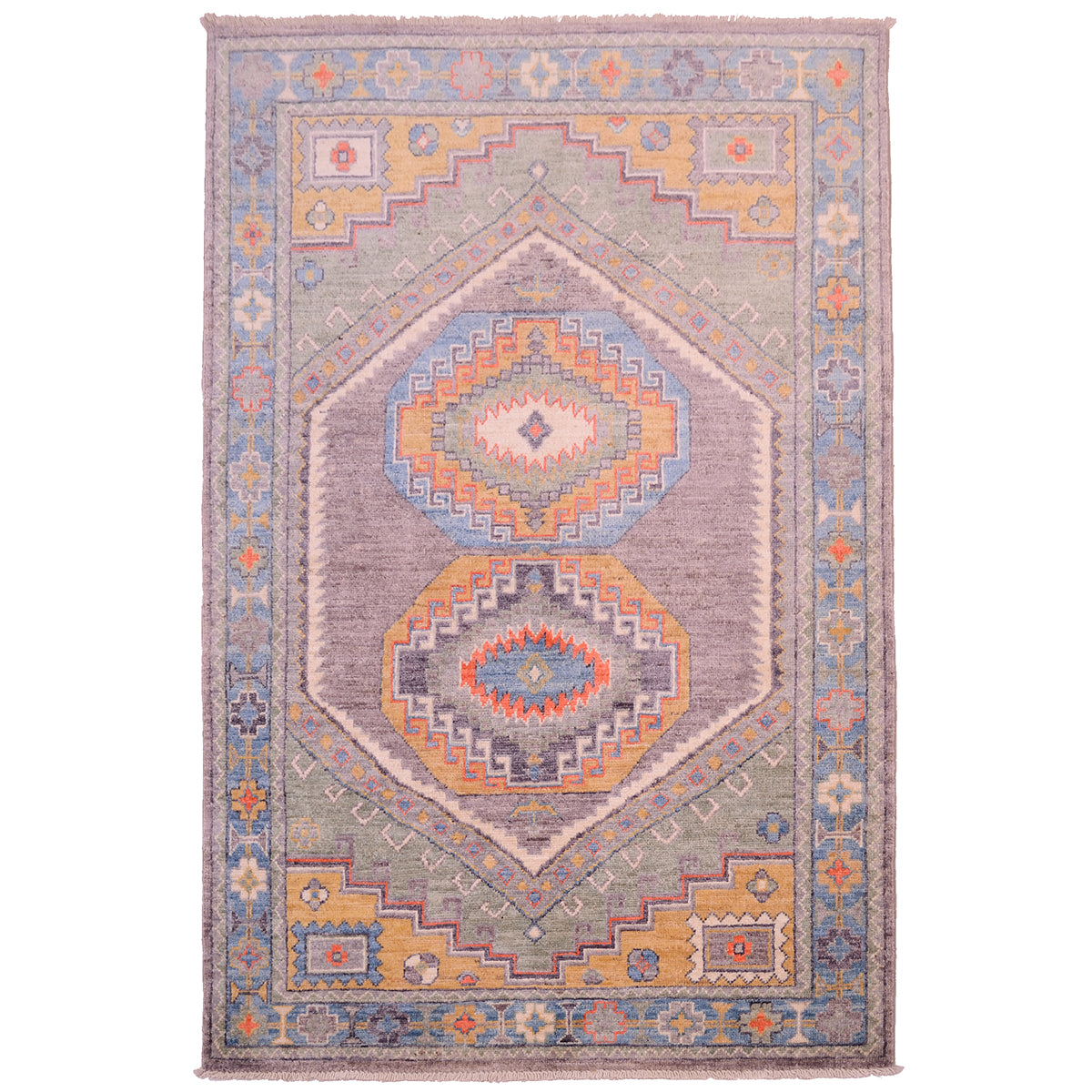 Handmade Grey Oushak rug with geometric double medallion design.