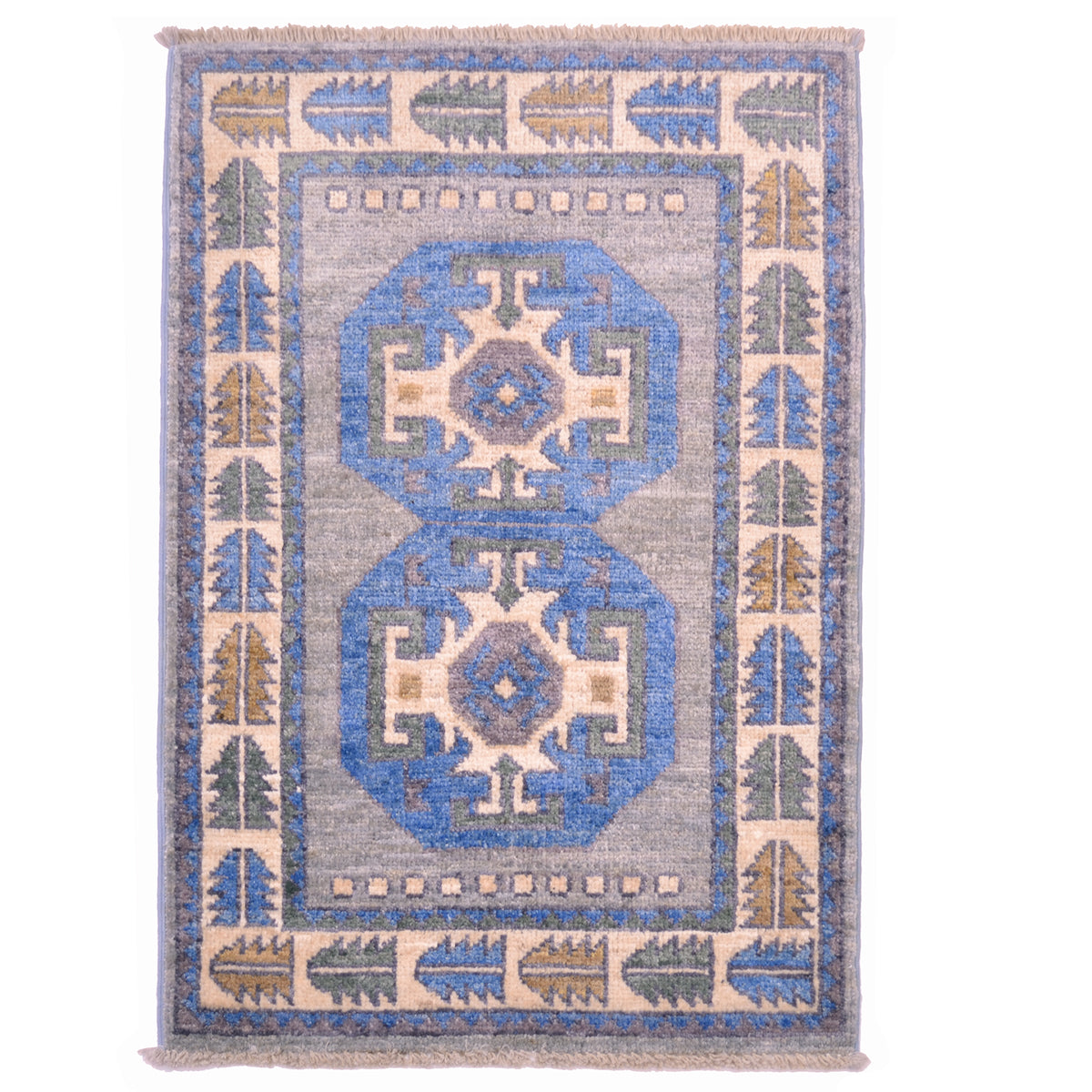 Oushak mat from Afghanistan in grey, blue with double octagon medallion