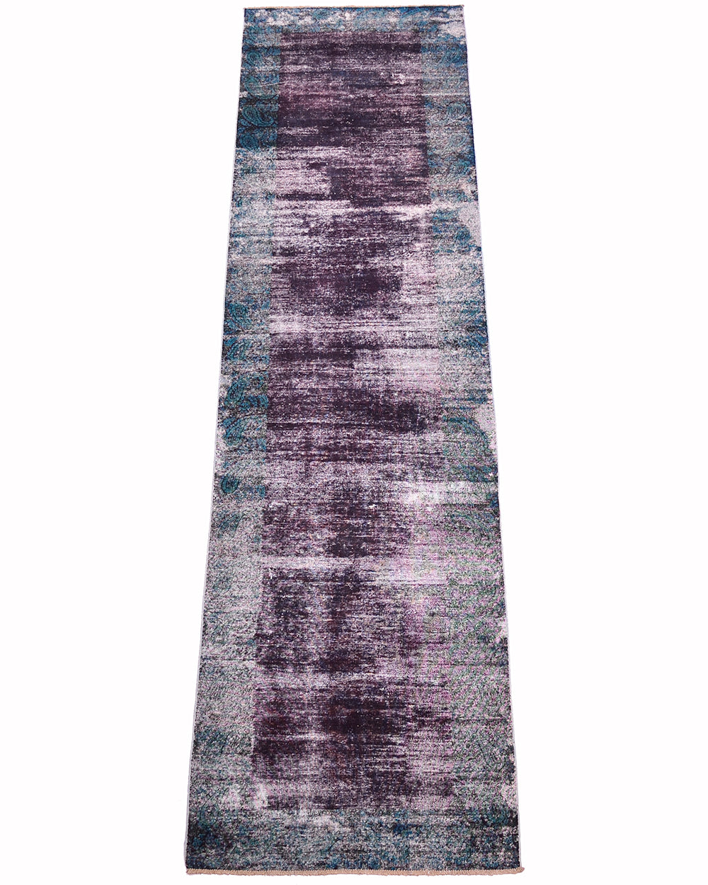 Handmade hallway/corridor runner with a distressed, vintage-style pattern in shades of purple-aubergine and teal border with traditional boteh patterning Shown flat against a solid white background.