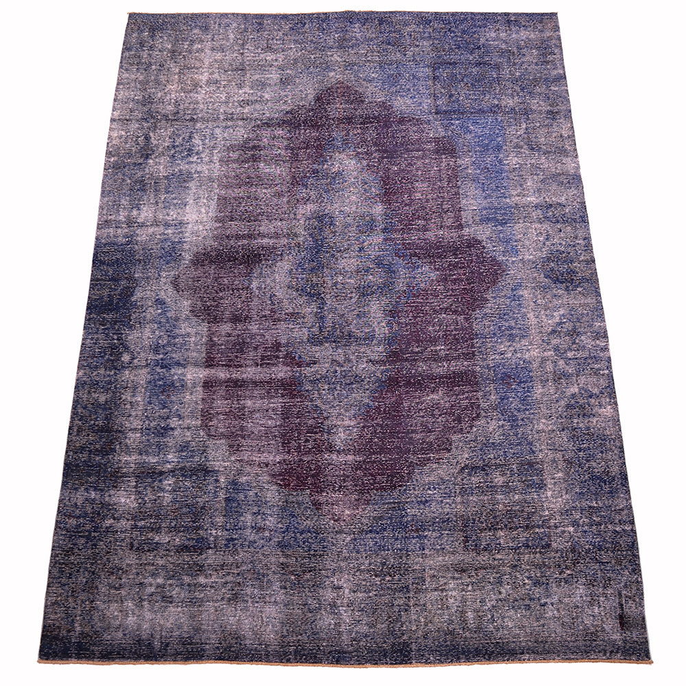 Overall view of Vintage Oriental Carpet in deep indigo and aubergine with fine knotting. Cotton warp and weft with zero pile. Variety of blue hues,