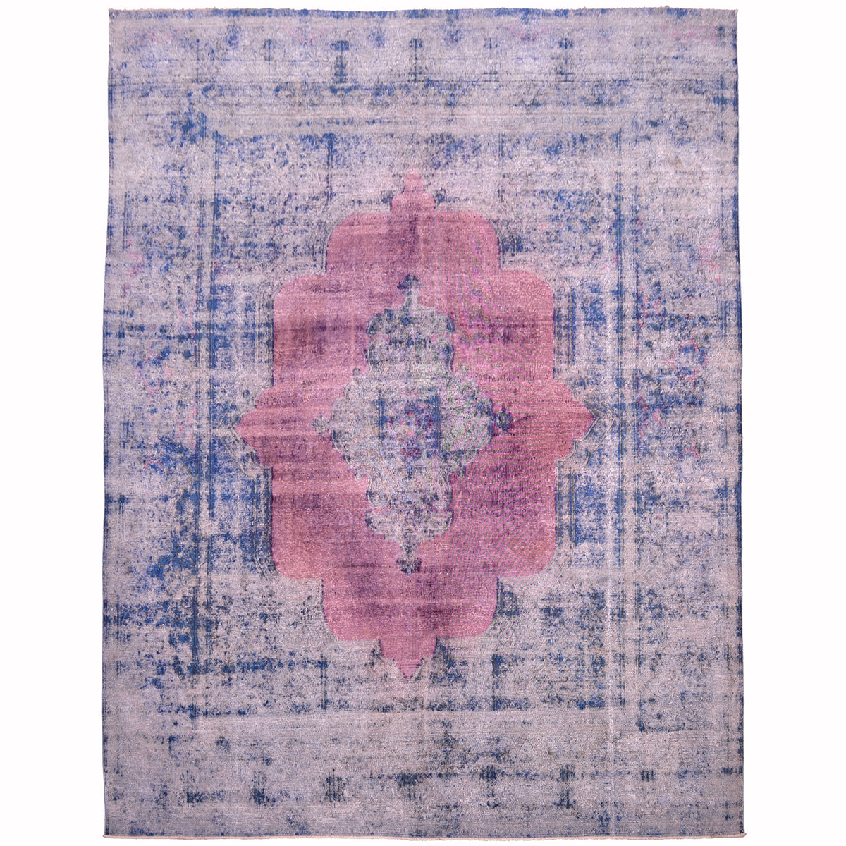 Large Overdyed carpet with elegant floral medallion design set on a raspberry field with contrasting blue border and medallion.