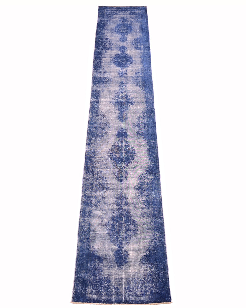A long area runner, vintage-style pattern in shades of blue and off-white, shown flat against a solid white background