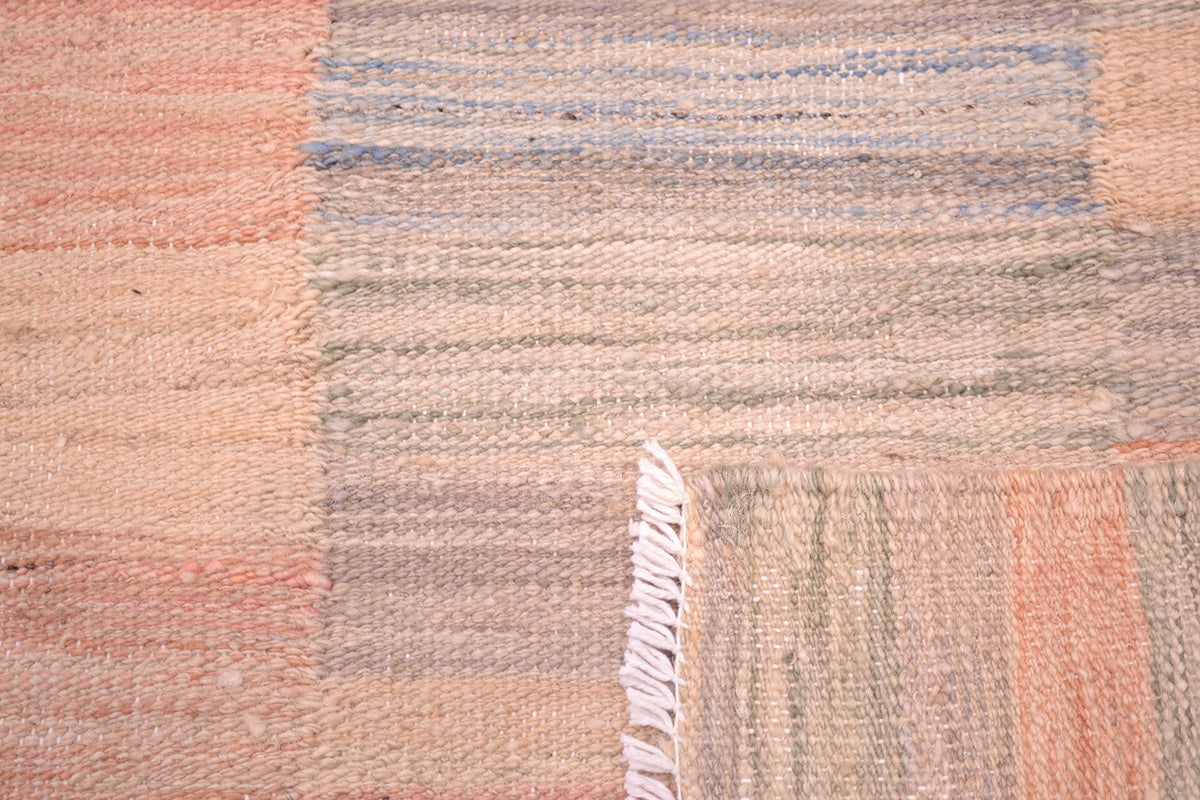 Detail showing both reversible sides of plainweave kilim rug in soft colours with natural dyes.