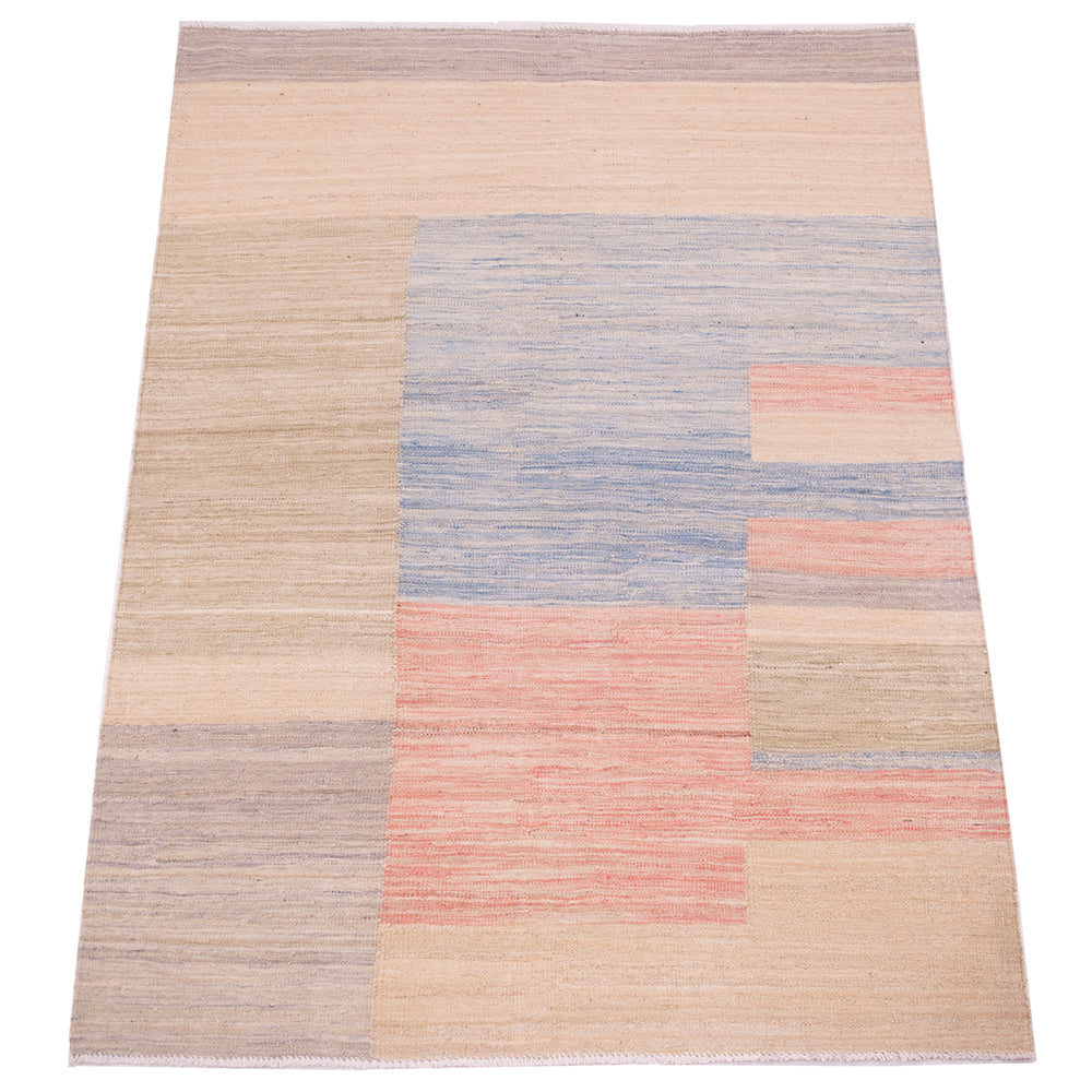 Assymetric block design of a handmade kilim from Afghanistan with coral pinks, light blues, creams and soft greys