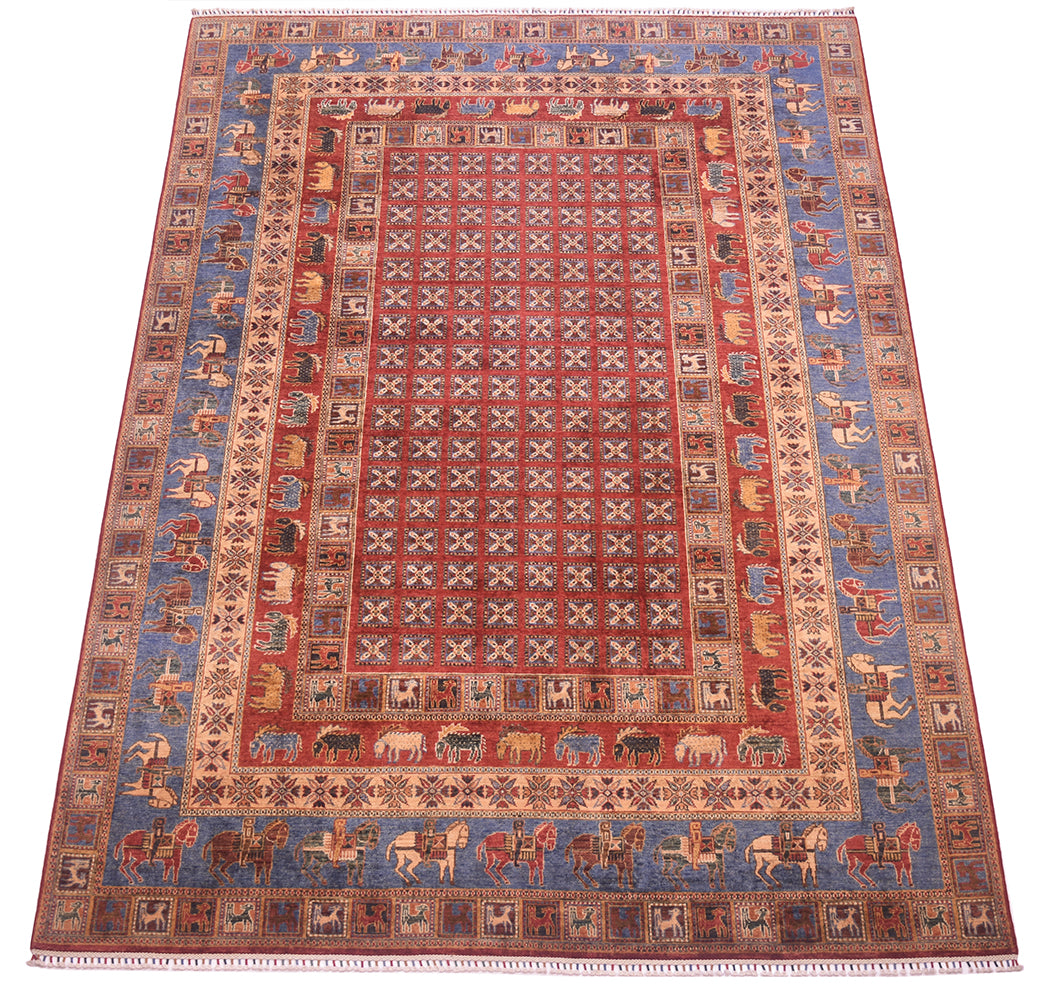 A traditional Handmade Afghan Pazyryk carpet with a red central field, blue borders, and beige/cream details, featuring stylized animal motifs including horses and elephants.