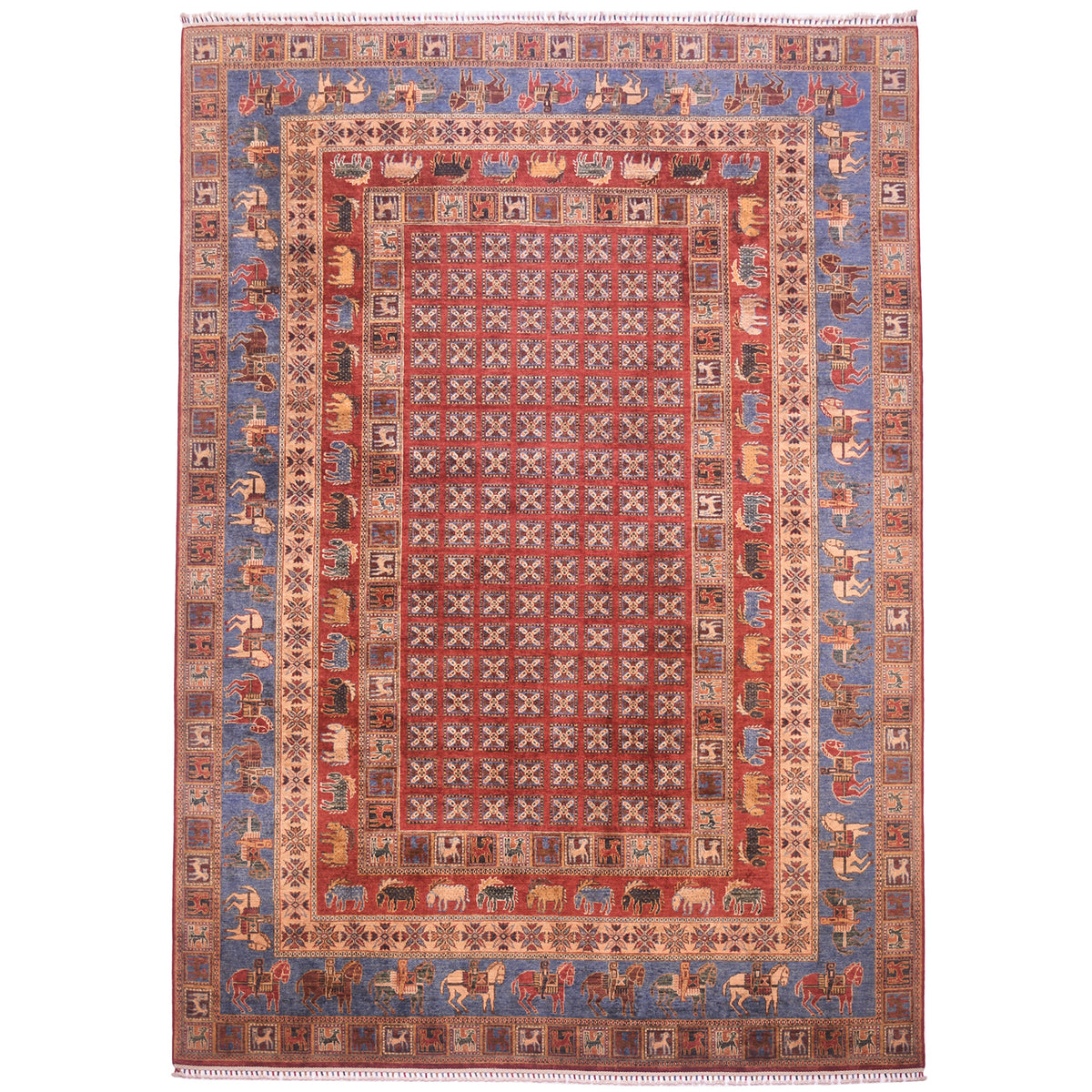 Handwoven Afghan Pazyryk carpet made with hand-knotted wool pile. Red centre with all over design surrounded by borders of processions of elks & riders on horseback.