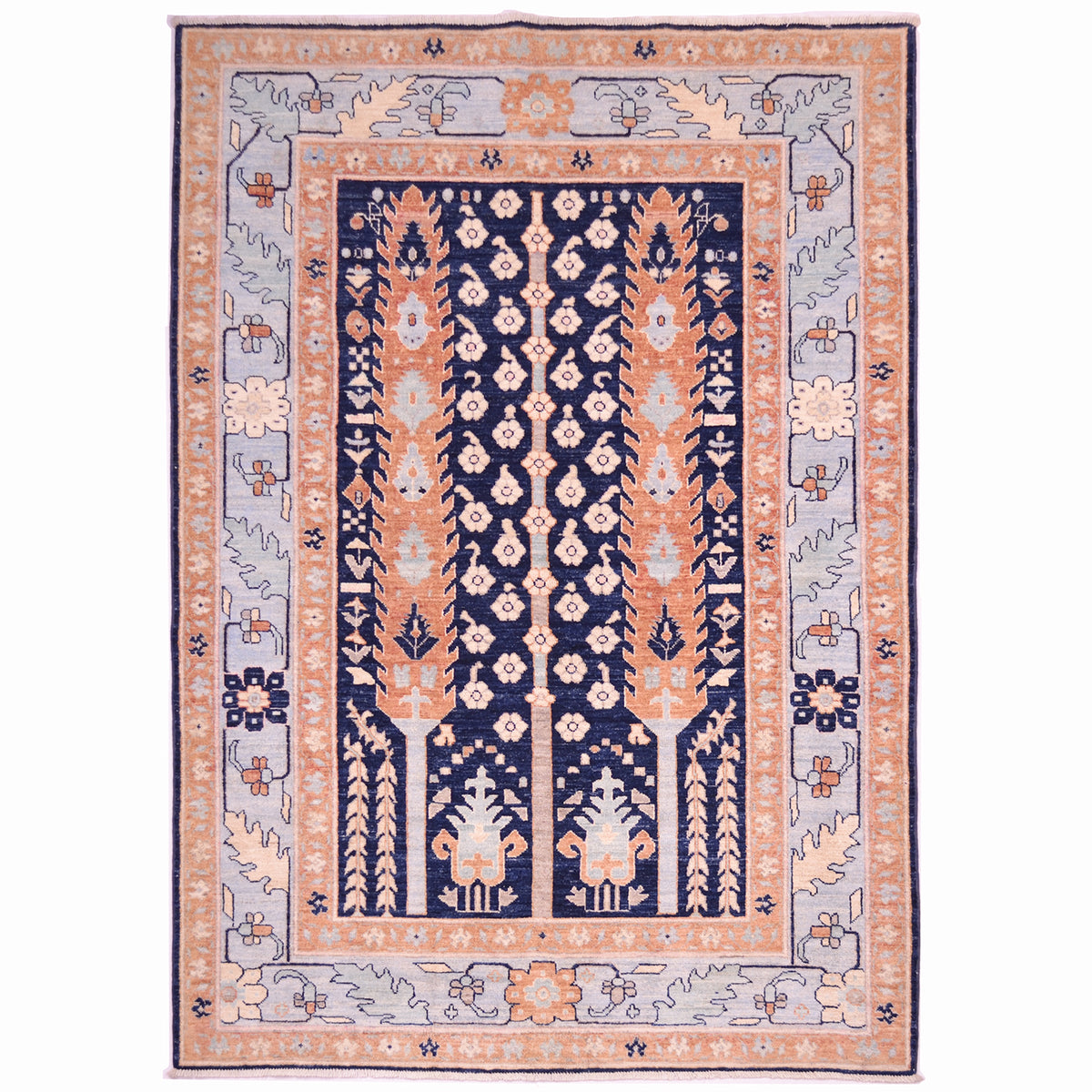 Handmade Pictorial Afghan Rug with Cypress tree design in rust set on a navy ground, and light blue border.