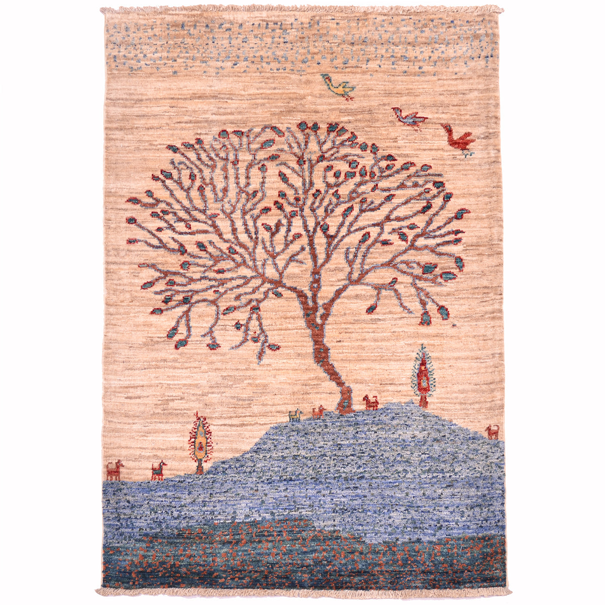 Pictorial Loribaft small rug with tree design set on a blue mountain top set against a neutral beige sky with a trio of birds in flight.