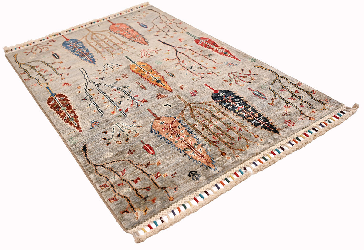 Slivery-grey pictorial Loribaft rug with tree motifs and multicolour accents, fringed edges
