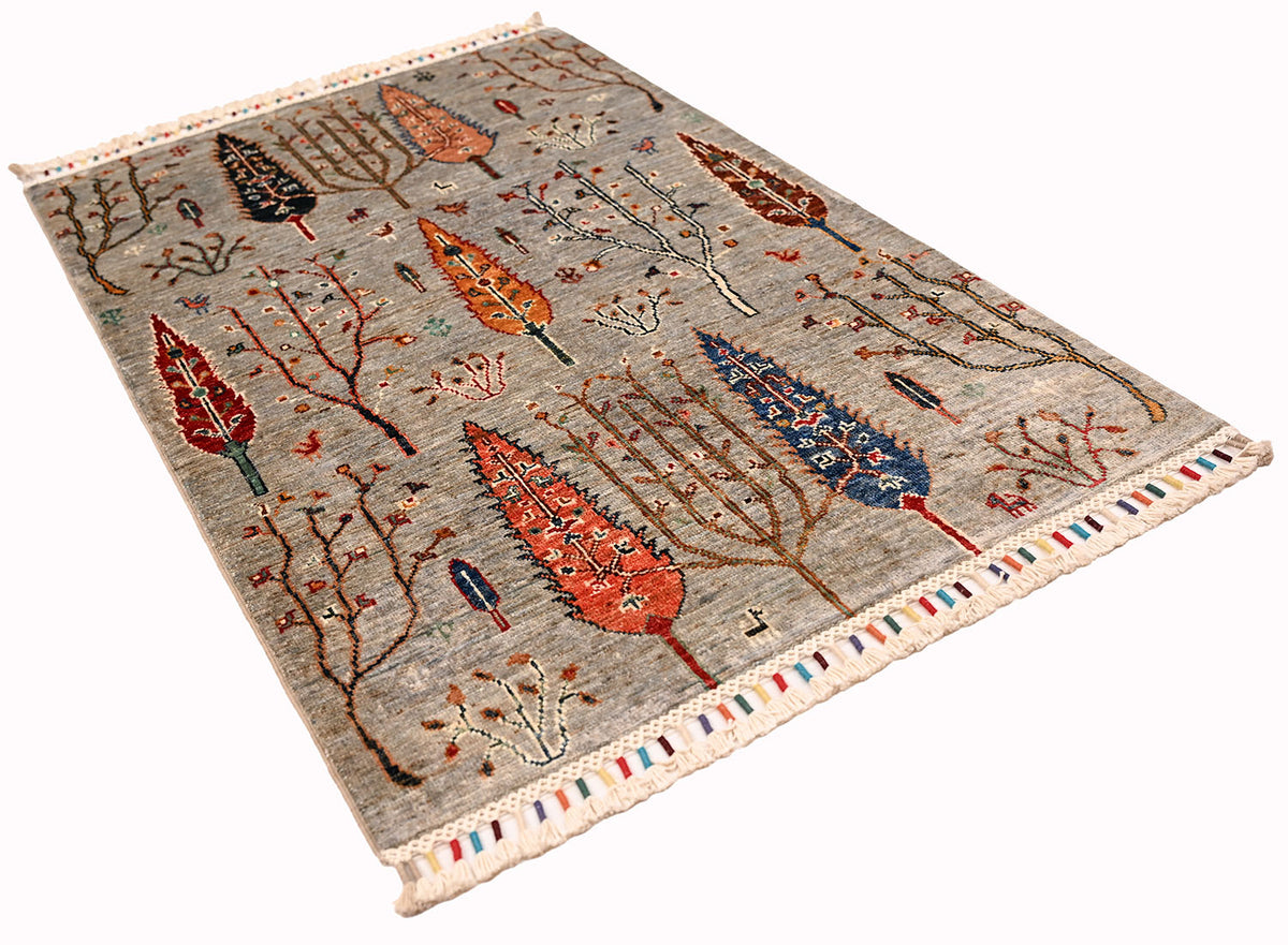 Handmade Afghan grey Loribaft rug with pictorial tree design, multicolor highlights, short tassel fringe