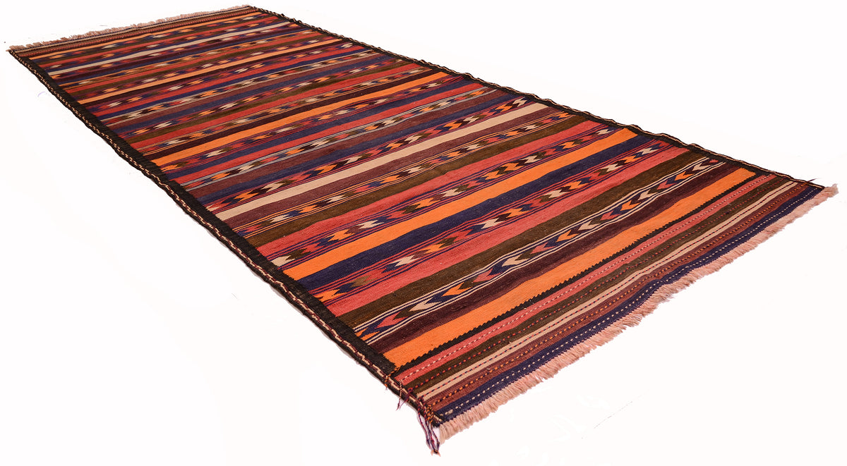 Angled image of Qala-i-Nau Kilim wide runner with striped design.