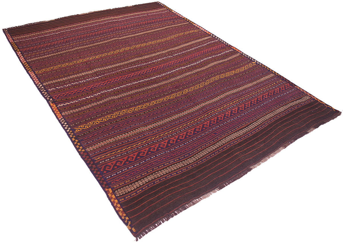 Vintage Kilim rug, dark red and navy, angled view showing striped pattern and thin border