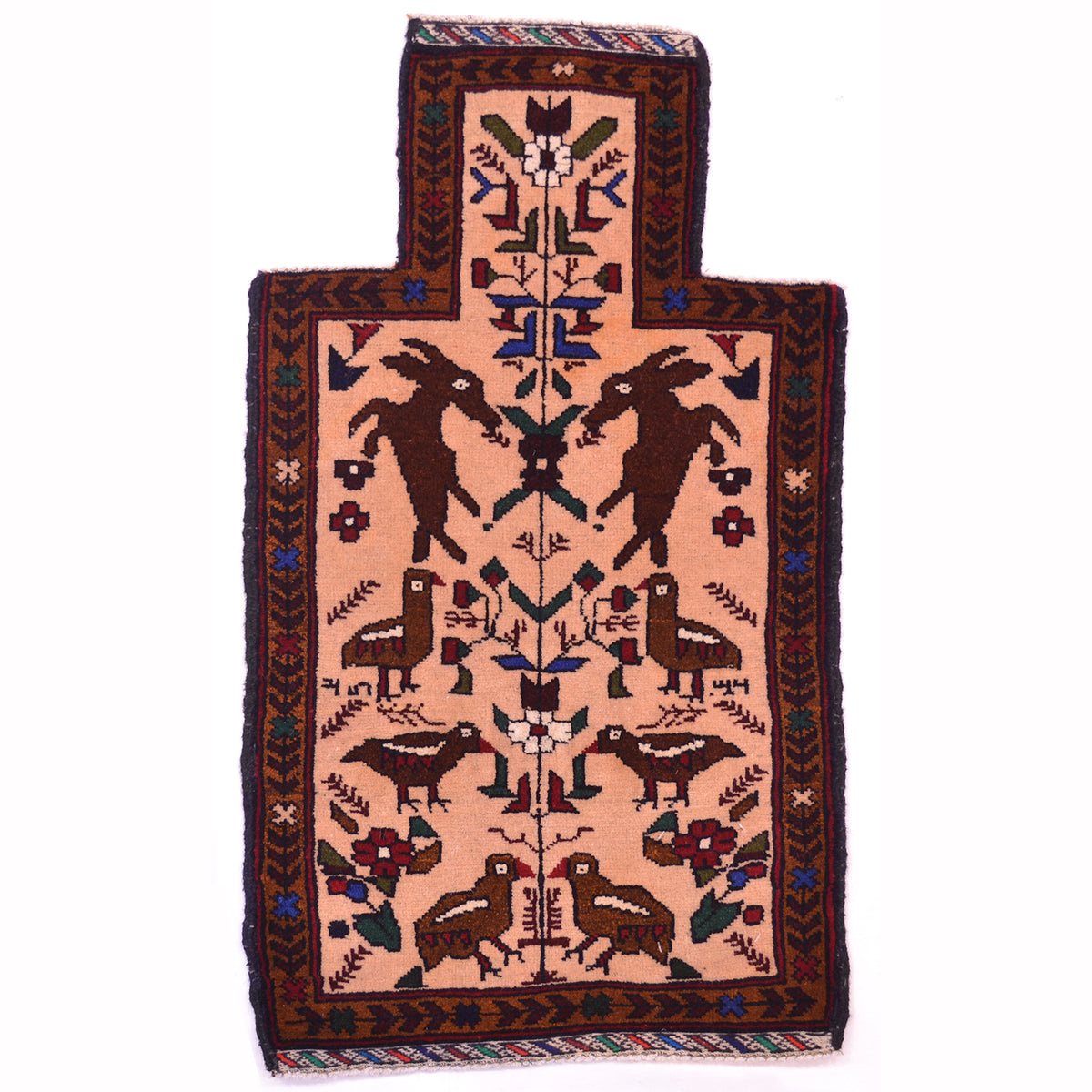 Belouch Salt bag face with theme of birds and prancing hares on a beige ground.